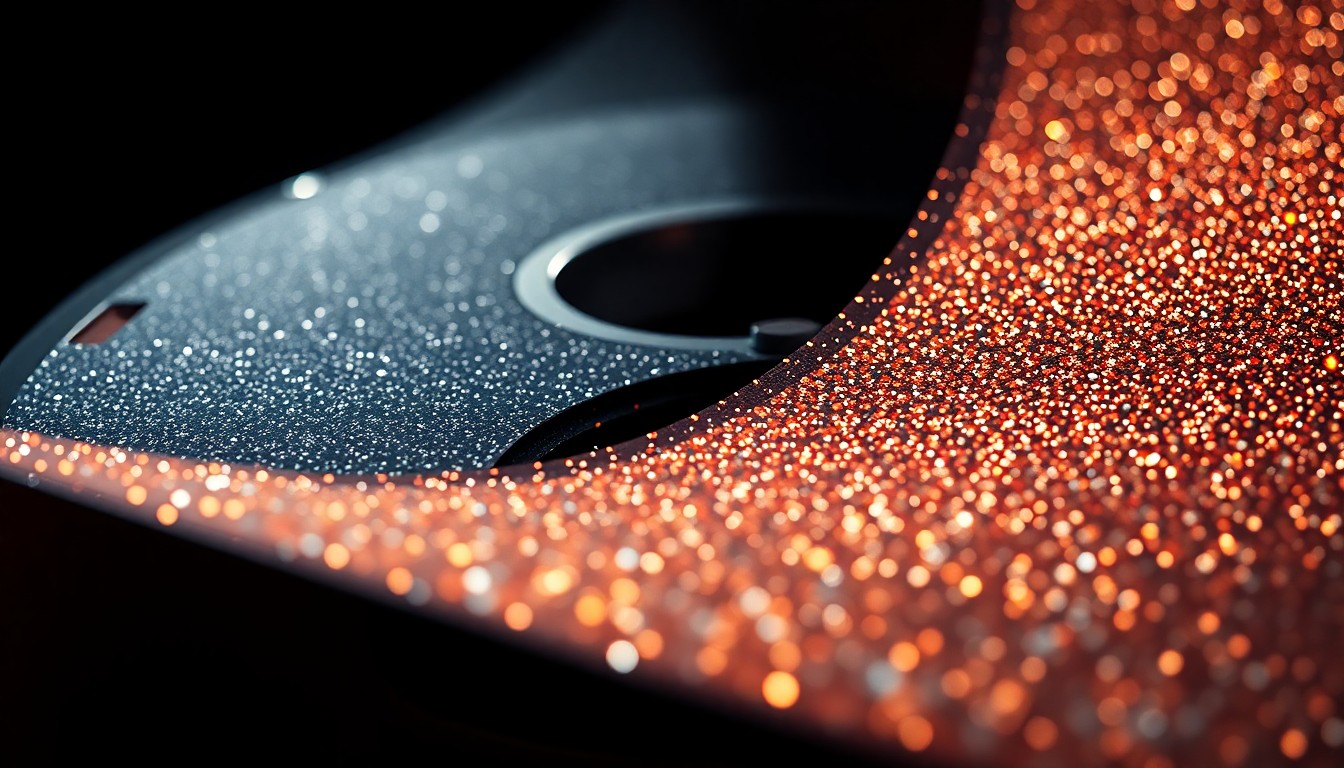 An extreme close-up of a film reel texture, with the metallic surface reflecting dramatic studio lighting to create a high-contrast, glamorous aesthetic that conceptually represents the filmmaking industry.