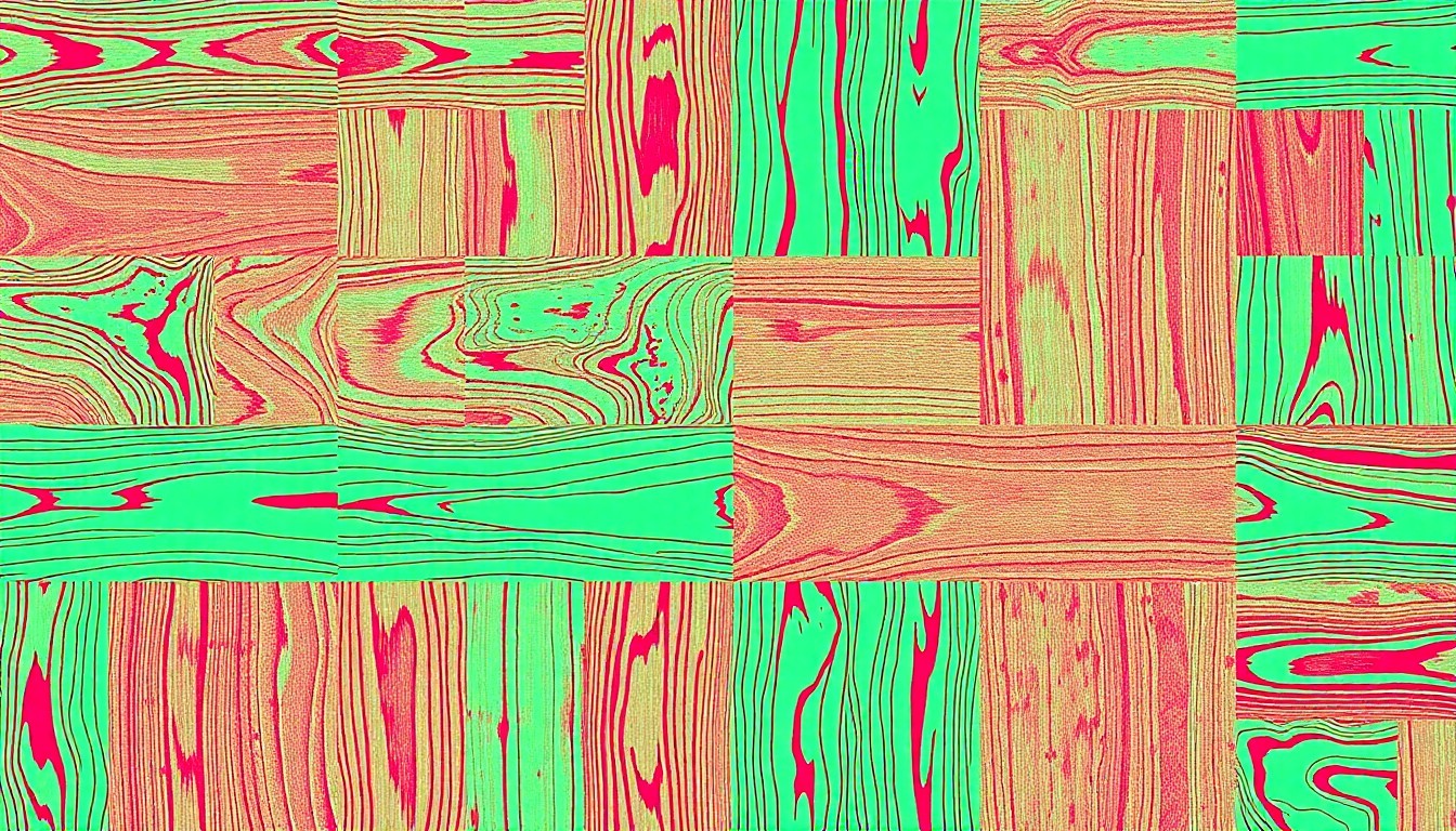 A high-contrast, silkscreen-style illustration featuring a repeating grid of a single wood plank or tile swatch in bright, unnatural colors, conceptually representing the expressive and intentional flooring trends of 2026.