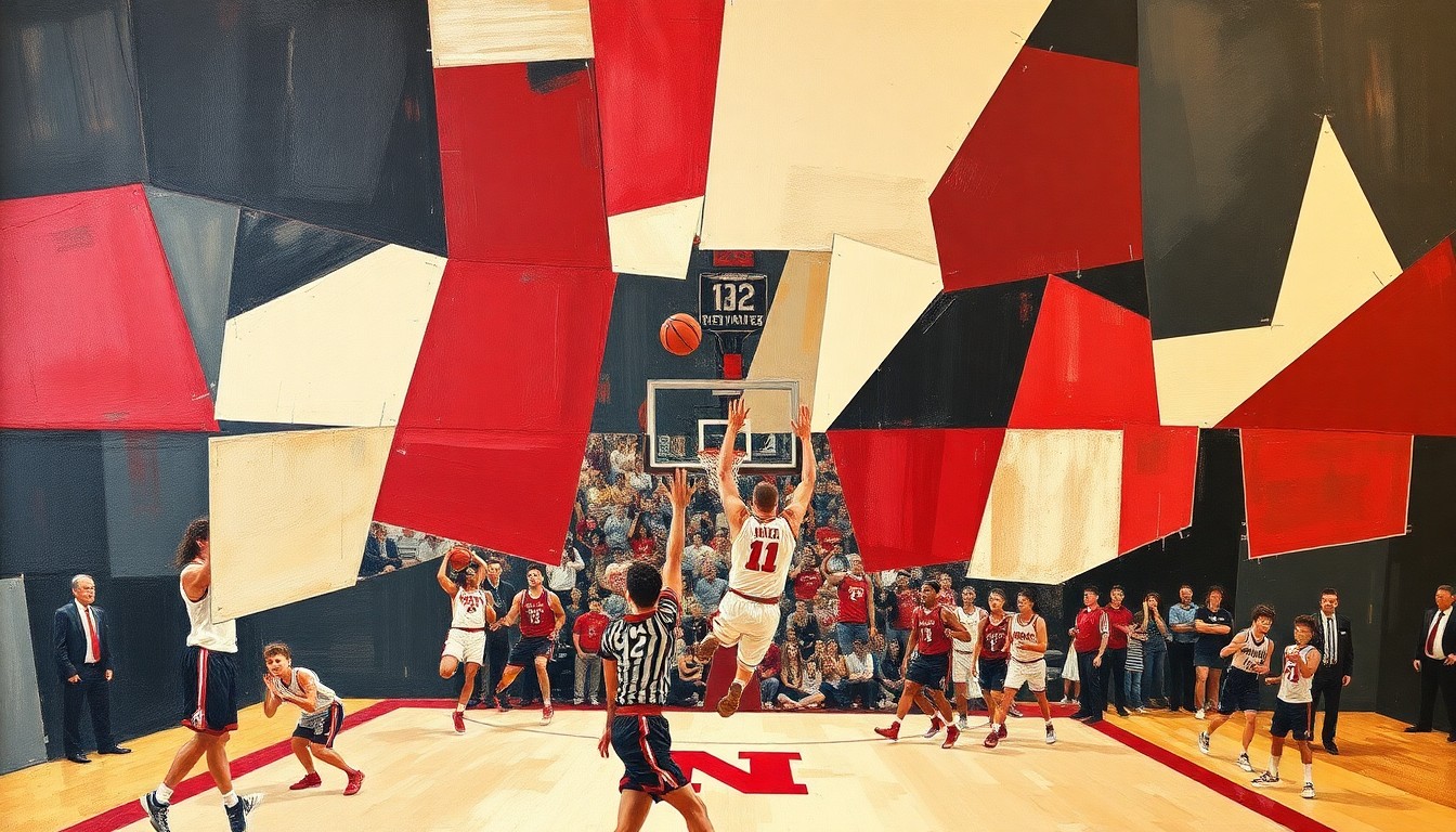 A fragmented, cubist-style painting depicting a Nebraska basketball game or celebration, with sharp geometric shapes in scarlet, cream, and dark colors representing the energy and excitement of the Cornhuskers' breakthrough season.