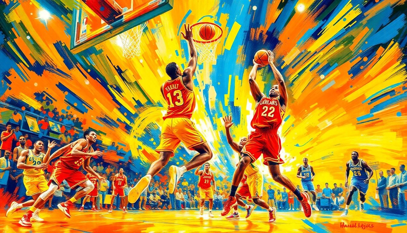 An abstract expressionist painting in vibrant neon colors, with sweeping brushstrokes conveying the fast-paced action and competitive spirit of a professional basketball game.