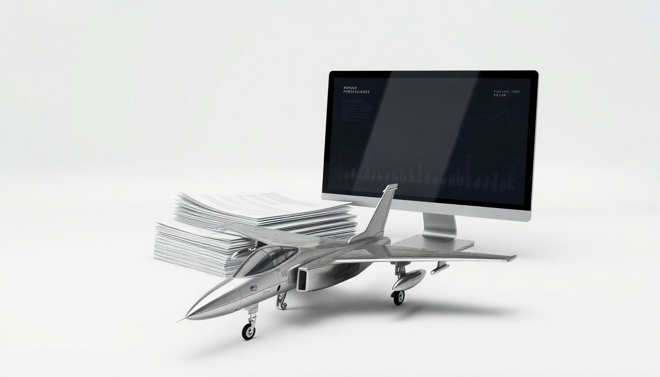 A photorealistic studio still life featuring a polished metal model of a fighter jet, a stack of financial reports, and a sleek computer monitor, arranged elegantly to represent the complex interplay of advanced military technology, corporate strategy, and financial performance in the aerospace and defense industry.