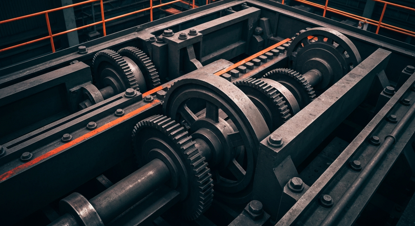 An extreme close-up of heavy, interlocking steel gears and machinery, conveying the industrial might and precision of Nucor's steel production process.