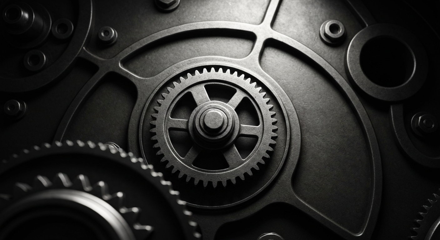 A highly detailed, black and white close-up image of the complex inner workings of a bank vault, capturing the industrial might and mechanical precision that underpins the financial system.
