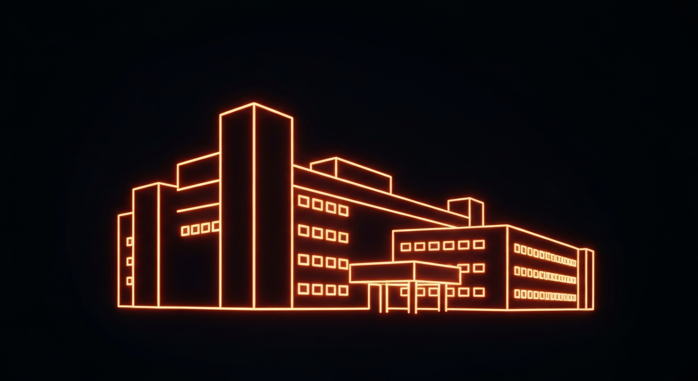 A glowing, minimalist neon outline of a hospital building, with the pulsing lines of light emphasizing the structure's shape against a dark background, conveying a sense of the fragility and urgency of the healthcare system on Hawaii's outer islands.
