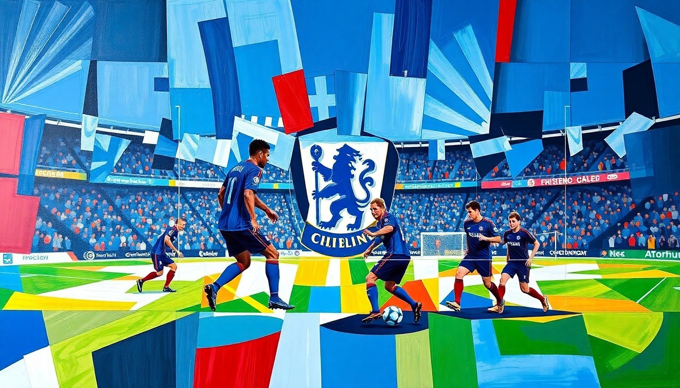 A cubist, geometric painting depicting a fragmented, multi-angled view of a Chelsea football match or training session, with sharp planes of blue, red, and white representing the team's colors and the dynamic energy of the sport.