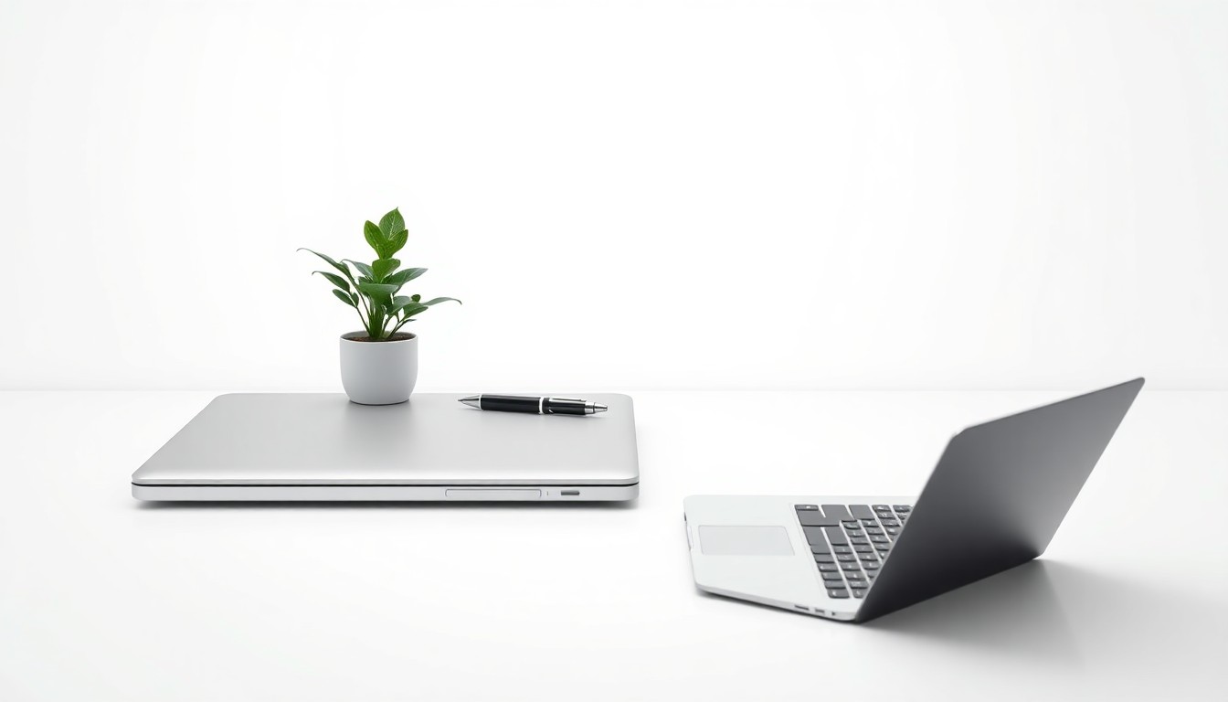 A minimalist, high-contrast studio photograph featuring a laptop, pen, and potted plant arranged on a clean, white surface, representing the themes of technology, leadership, and the natural world explored in the book.