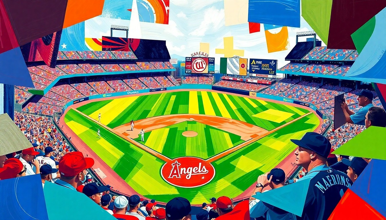 A fractured, multi-perspective painting depicting a baseball game between the Los Angeles Angels and Seattle Mariners, with the players and field broken down into sharp, overlapping geometric shapes and planes in a cubist style.
