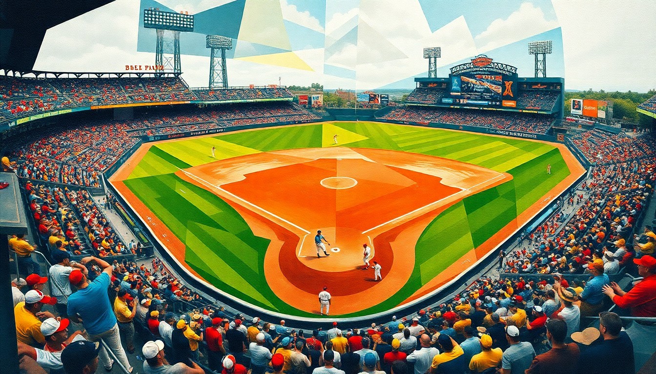 A cubist-style painting featuring overlapping geometric shapes and planes of color, representing the dynamic motion and energy of a baseball game.