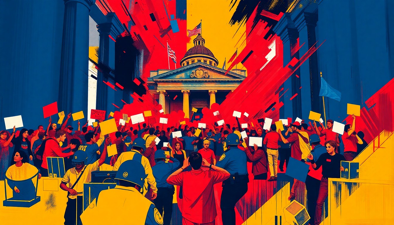 A dynamic, abstract painting featuring overlapping geometric shapes and brushstrokes in navy, red, and yellow, conceptually representing the confrontation between protesters and police inside a state capitol building.