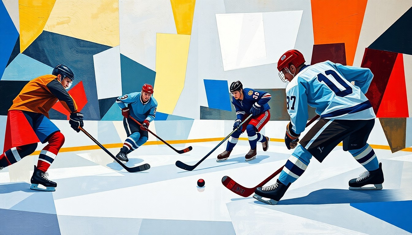A cubist, geometric painting depicting a hockey game, with the players' forms abstracted into angular, colorful shapes and the puck and ice surface represented by intersecting lines and planes.