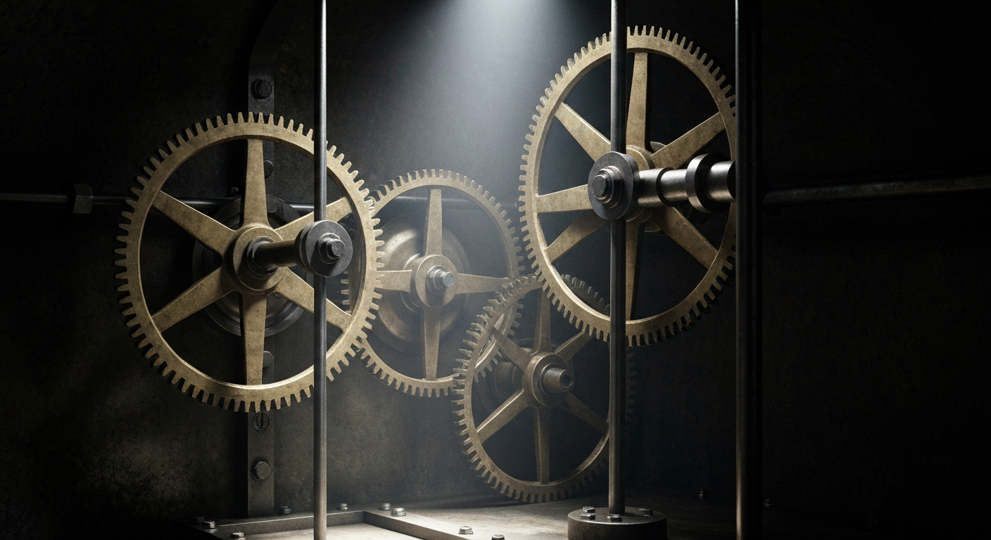 An extreme close-up of the complex inner workings of a bank vault, with gears, levers, and metal components dramatically lit to create a sense of power and security.