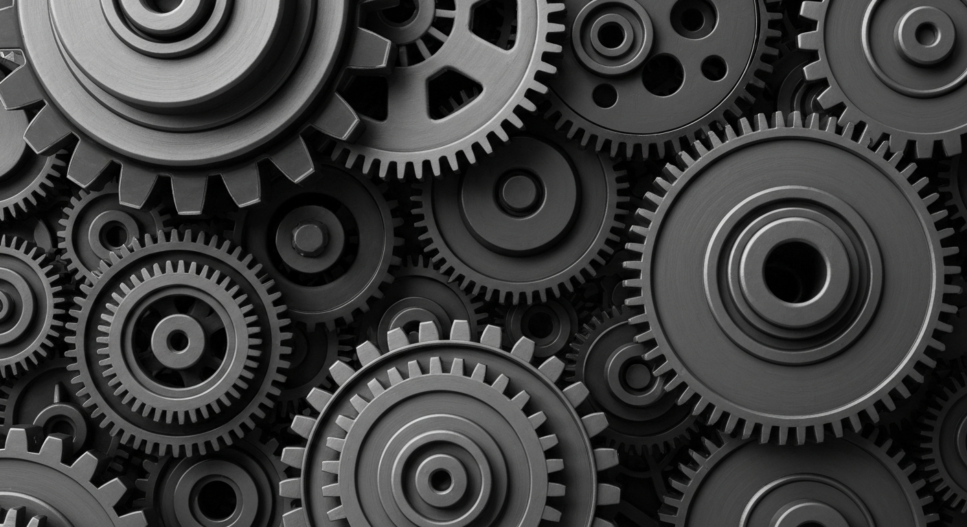 An extreme close-up of heavy, industrial machinery in shades of grey, representing the complex financial infrastructure that powers major public companies.