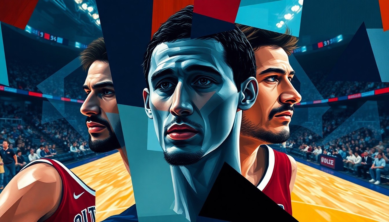 A cubist, fragmented painting depicting the action of a college basketball game, with the players' forms broken down into geometric shapes and planes of color against a fading background.