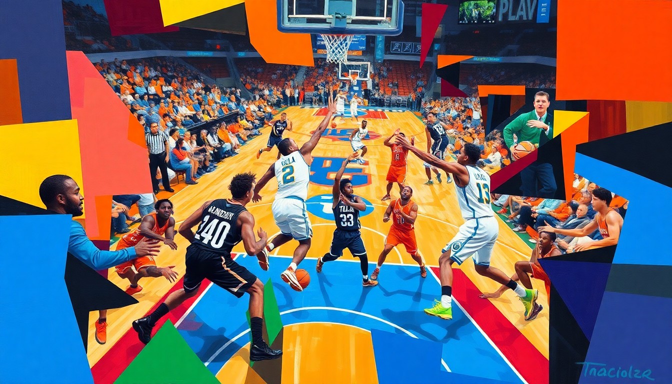 A cubist, geometric painting depicting the intense basketball action of the NCAA semifinal game between UCLA and Texas, with sharp, overlapping planes of color representing the players, court, and crowd.