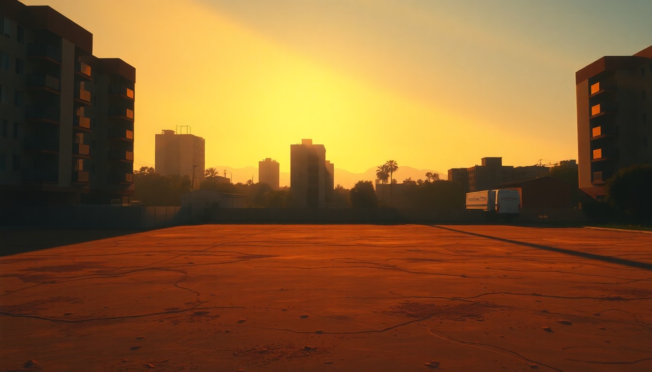 A serene, cinematic painting depicting a vacant lot in Los Angeles, with the silhouettes of nearby apartment buildings in the background. The lot is bathed in warm, diagonal sunlight and deep shadows, creating a nostalgic, contemplative mood.