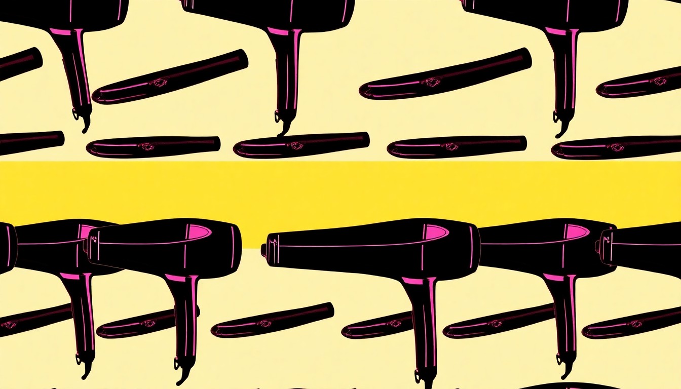 A high-contrast, silkscreen-style image of a hair dryer repeated in a grid pattern, using bold neon colors and heavy black outlines to create a modern pop art aesthetic that conceptually represents the lack of inclusivity in the beauty industry.