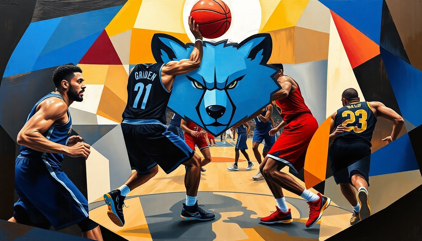 A fragmented, geometric painting depicting a basketball game or match, with the players' forms broken down into sharp, overlapping planes of color representing the teams involved.
