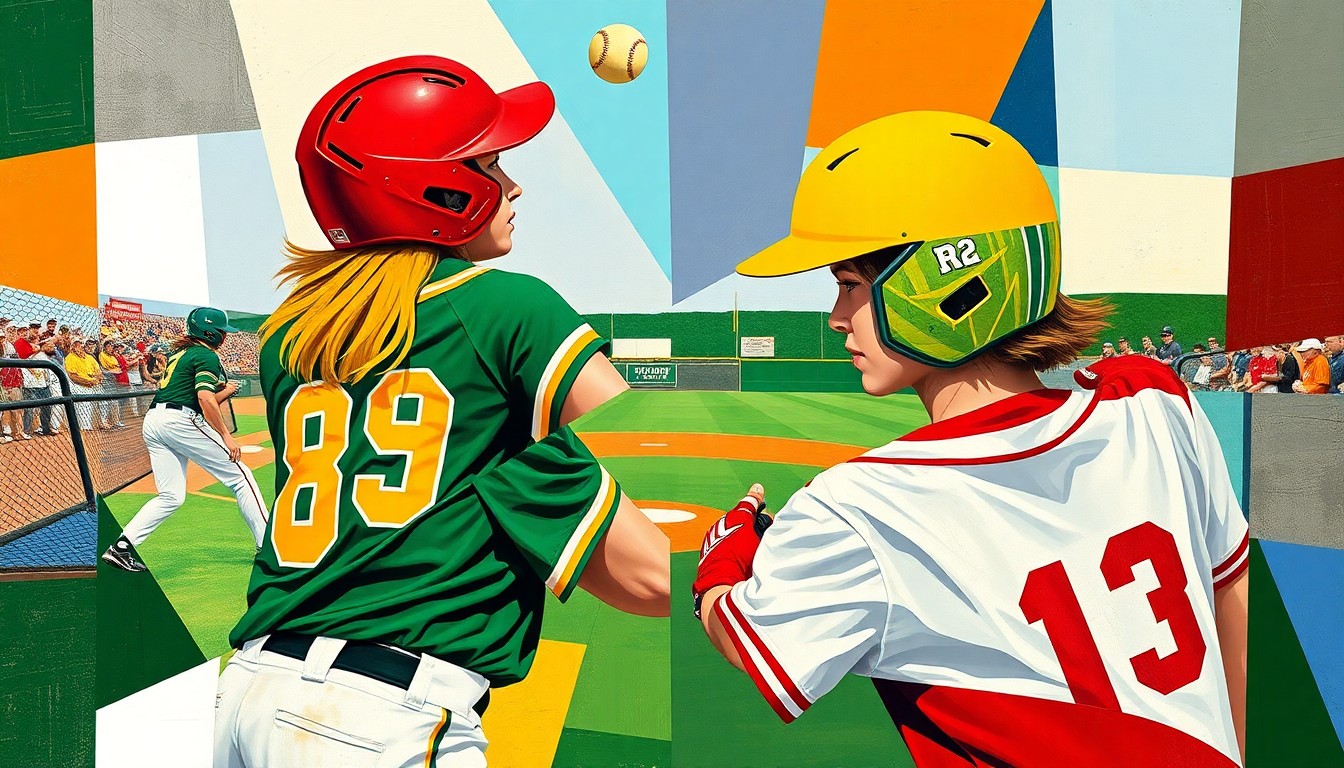A fragmented, geometric painting in bold colors representing the competitive energy of a high school softball game.