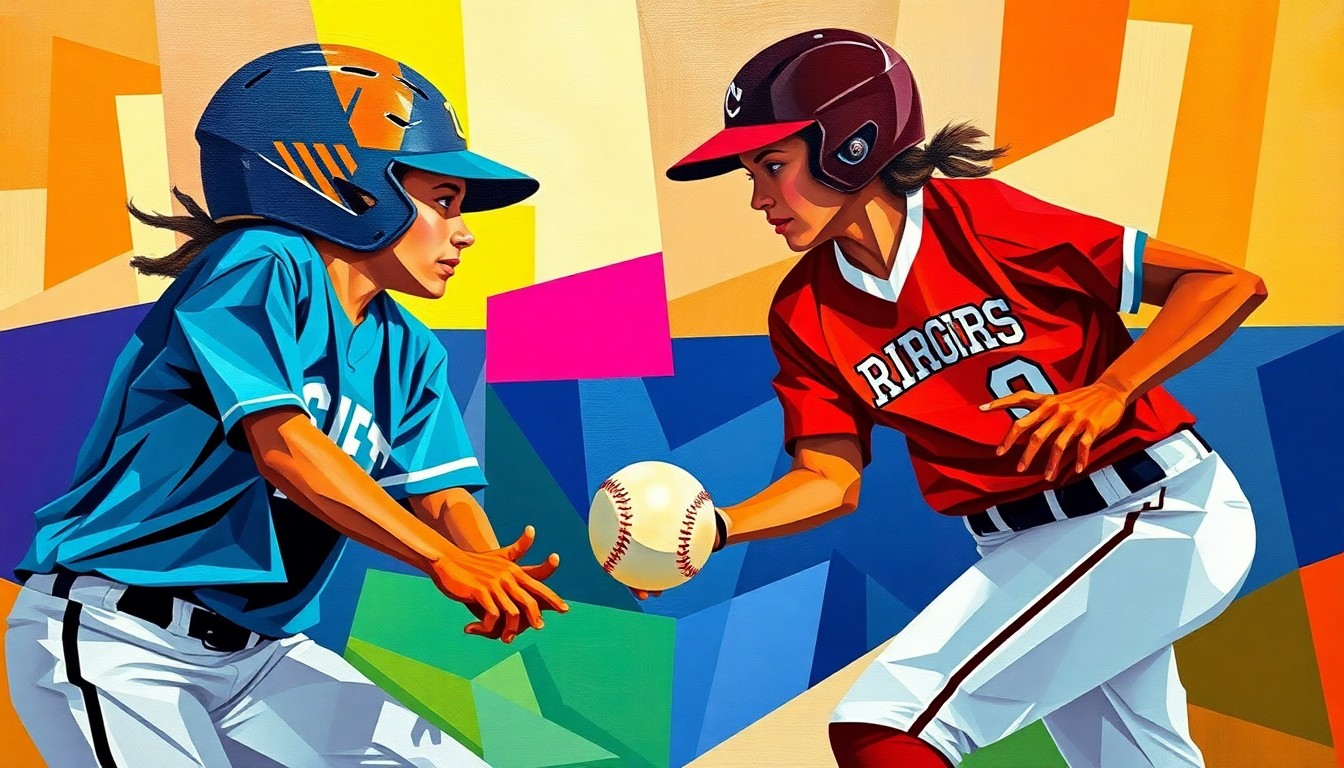 A fragmented, geometric painting in bold colors depicting the dynamic motion and competition of a high school softball game.