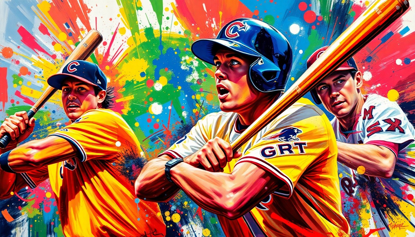 An abstract, energetic painting with vibrant brushstrokes in neon colors, capturing the raw athletic movement and competitive spirit of a high school baseball game.