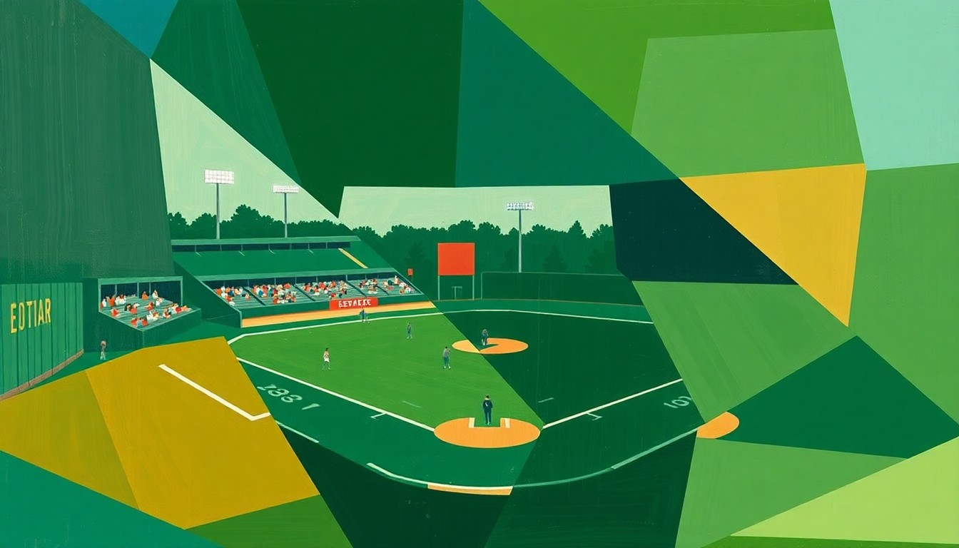 A fragmented, geometric painting depicting the dynamic movements and competitive spirit of a high school baseball game, rendered in earthy tones of green, blue, and ochre.