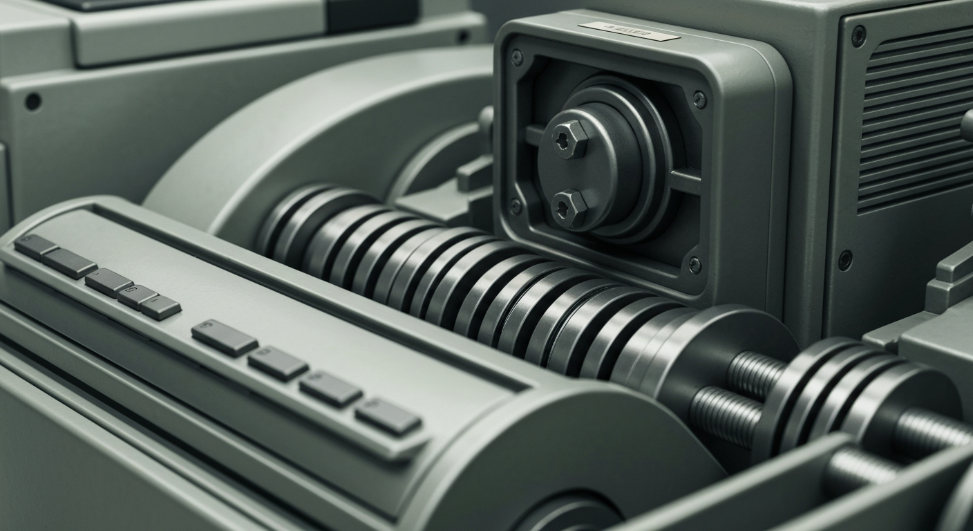 An extreme close-up image of heavy, industrial banking machinery and equipment, conveying the physical weight and security of financial institutions without using any text or symbols.