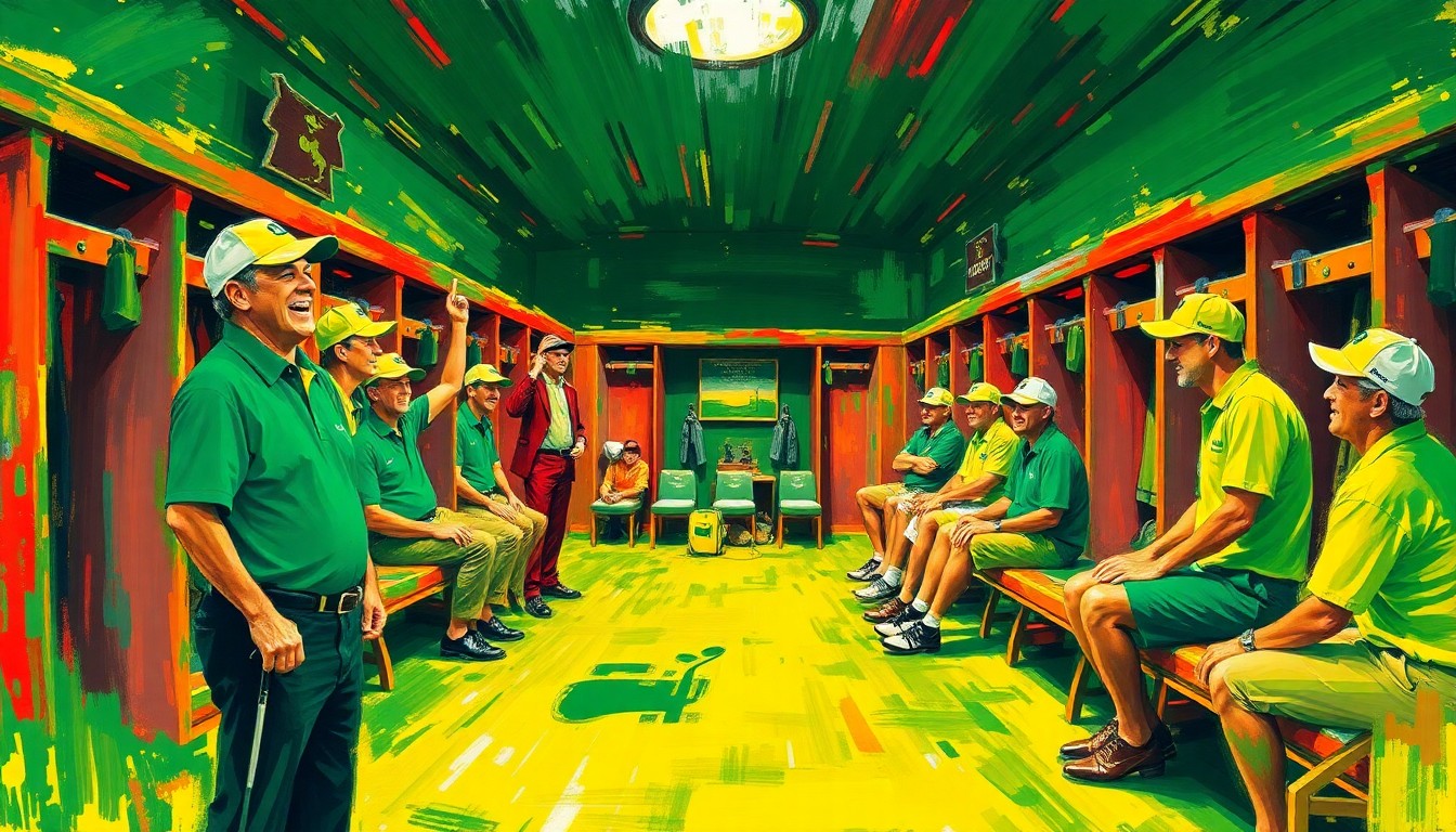 An abstract, expressionistic painting in vibrant neon colors, with rapid brushstrokes conveying the energy and celebration of Masters champions in the exclusive Augusta National locker room.