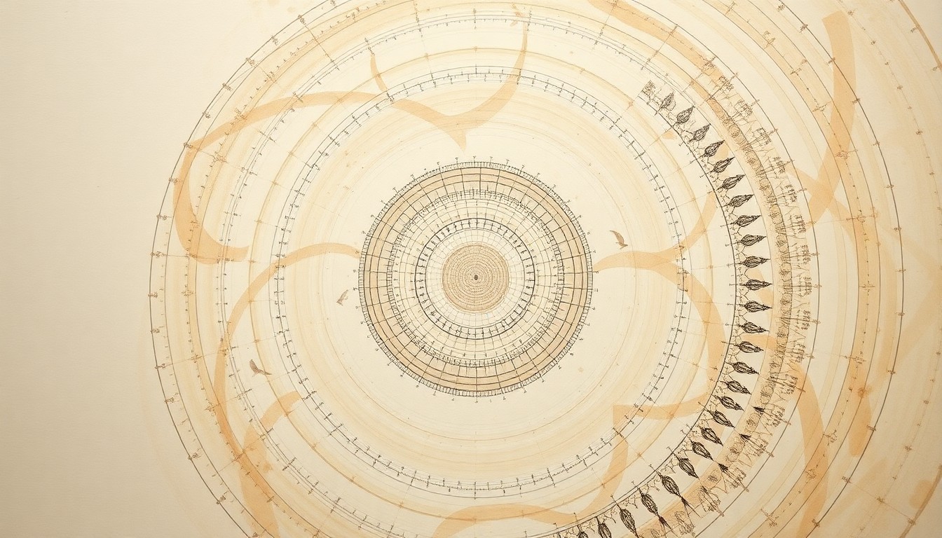 A highly textured, abstract painting in soft earth tones, featuring sweeping geometric shapes and precise botanical spirals, conceptually representing the complex forces that gave rise to the first multicellular organisms.