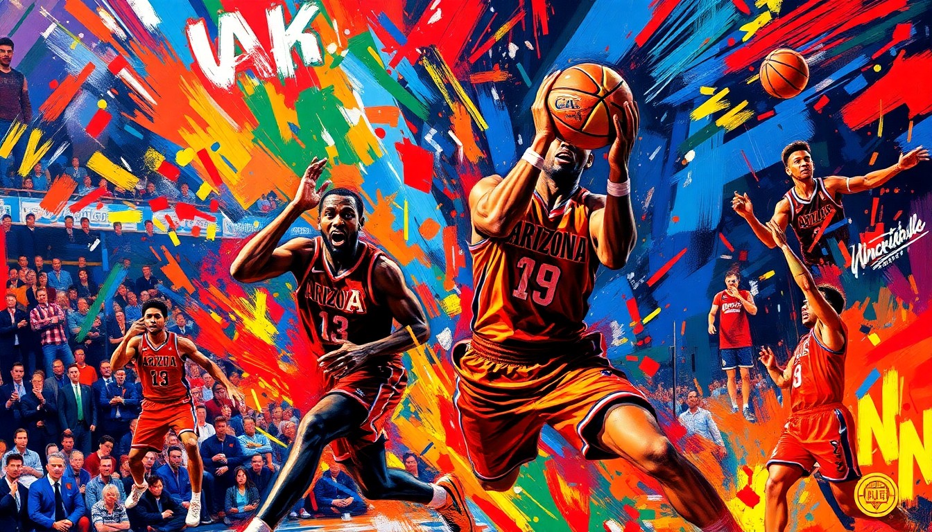 A dynamic, neon-colored painting depicting the intense physicality and competitive spirit of the Arizona Wildcats basketball team as they fight for the national championship.