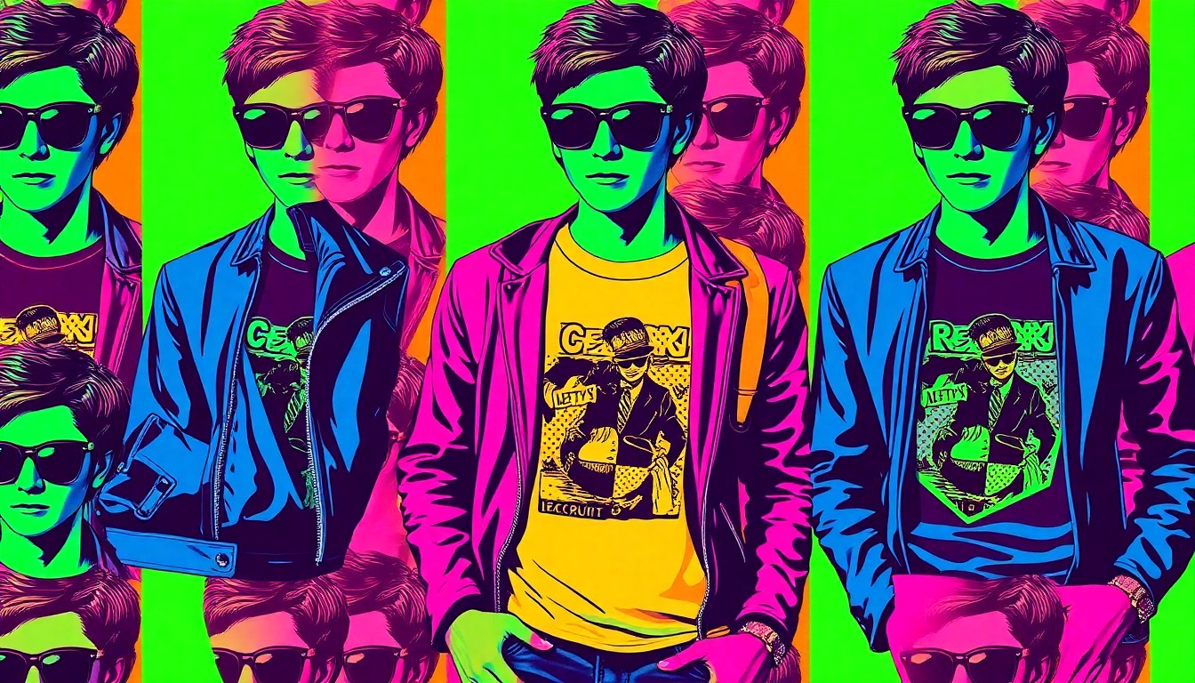 A high-contrast silkscreen print featuring a vintage leather jacket, retro graphic t-shirt, and 1970s-style sunglasses, repeated in a grid pattern with a bold, neon color palette, conceptually representing the vintage fashion and pop art aesthetic of the Outer Balboa shopping district.