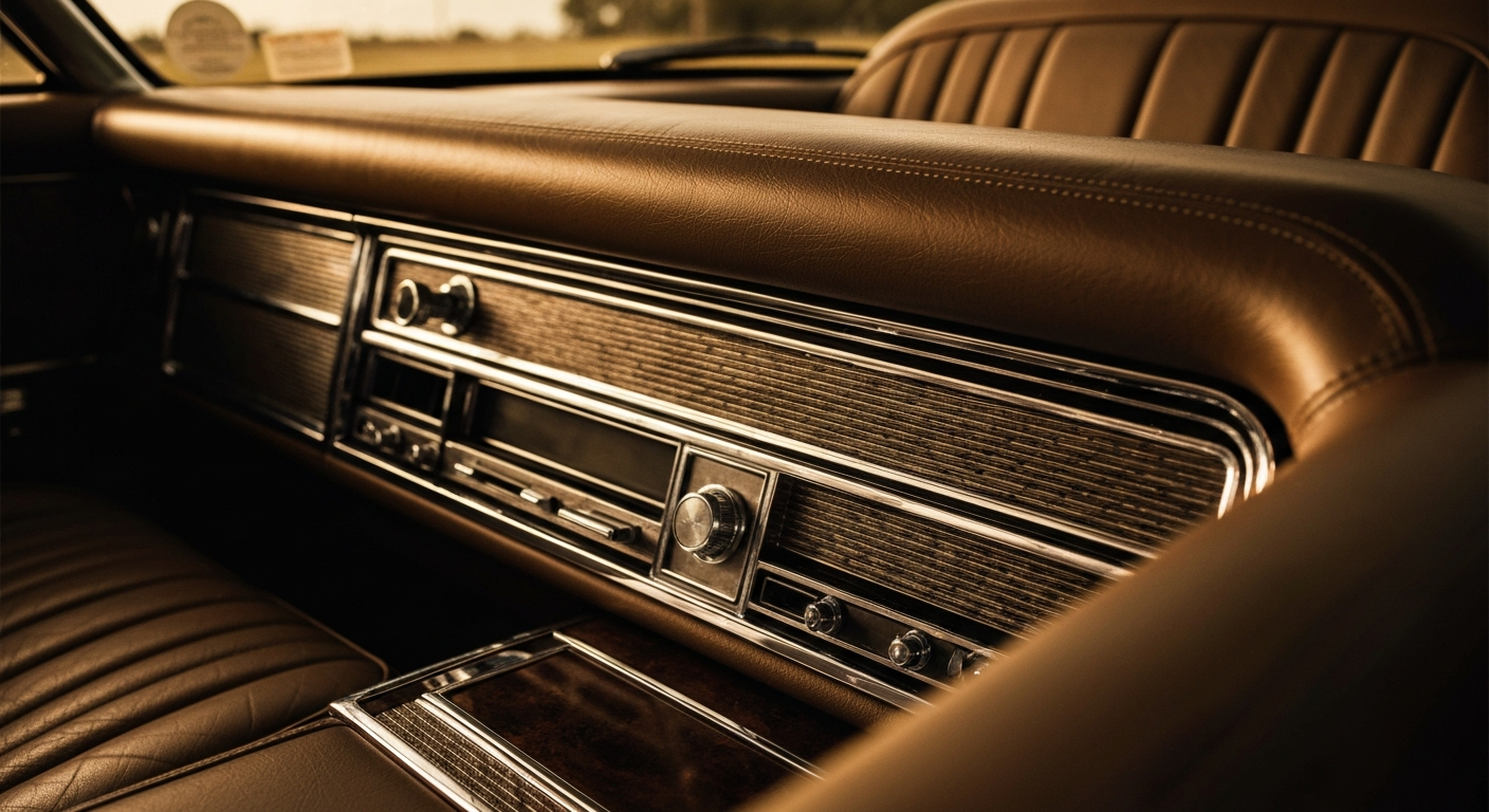 An extreme close-up of the chrome trim and pebbled leather interior of a vintage 1962 Oldsmobile convertible, captured in warm, golden light and dramatic contrast, conveying the timeless beauty and craftsmanship of this classic American automobile.