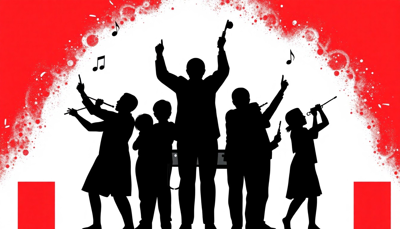 An abstract, minimalist illustration using bold black shapes and bright red and white colors to conceptually represent a triumphant school music program.