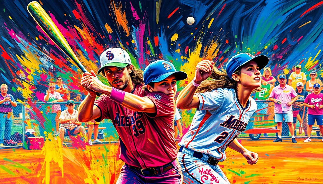 An abstract, expressionist painting in vibrant neon colors depicting the dynamic motion and energy of a high school softball game, with players' forms dissolving into colorful brushstrokes.