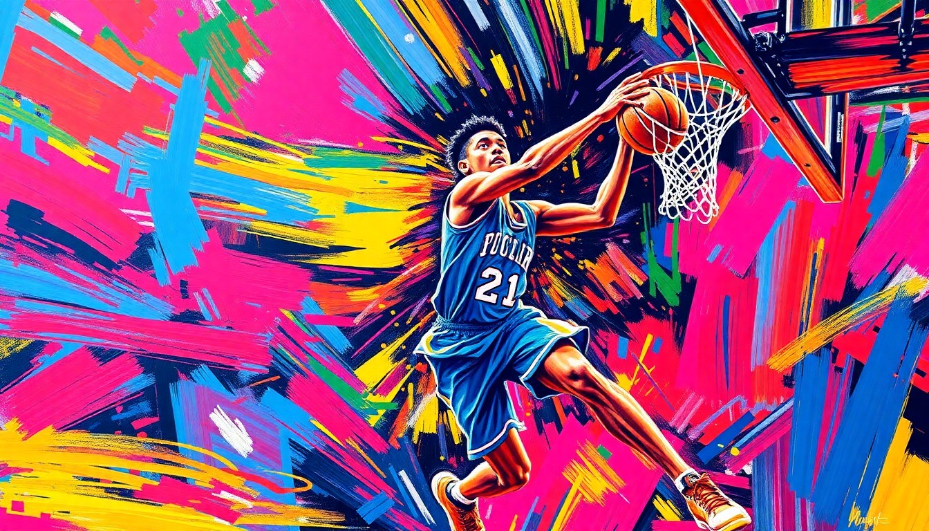 An abstract, energetic painting using vibrant neon colors and rapid brushstrokes to capture the dynamic movement and explosive athleticism of a high school basketball player.