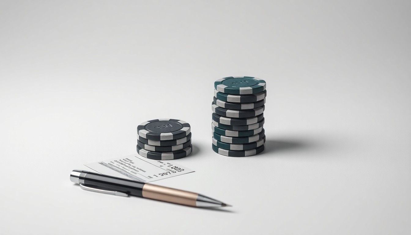 A photorealistic studio still life featuring a stack of casino chips, a sports betting ticket, and a pen arranged on a clean, monochromatic background, conceptually representing the regulatory uncertainty surrounding prediction markets.