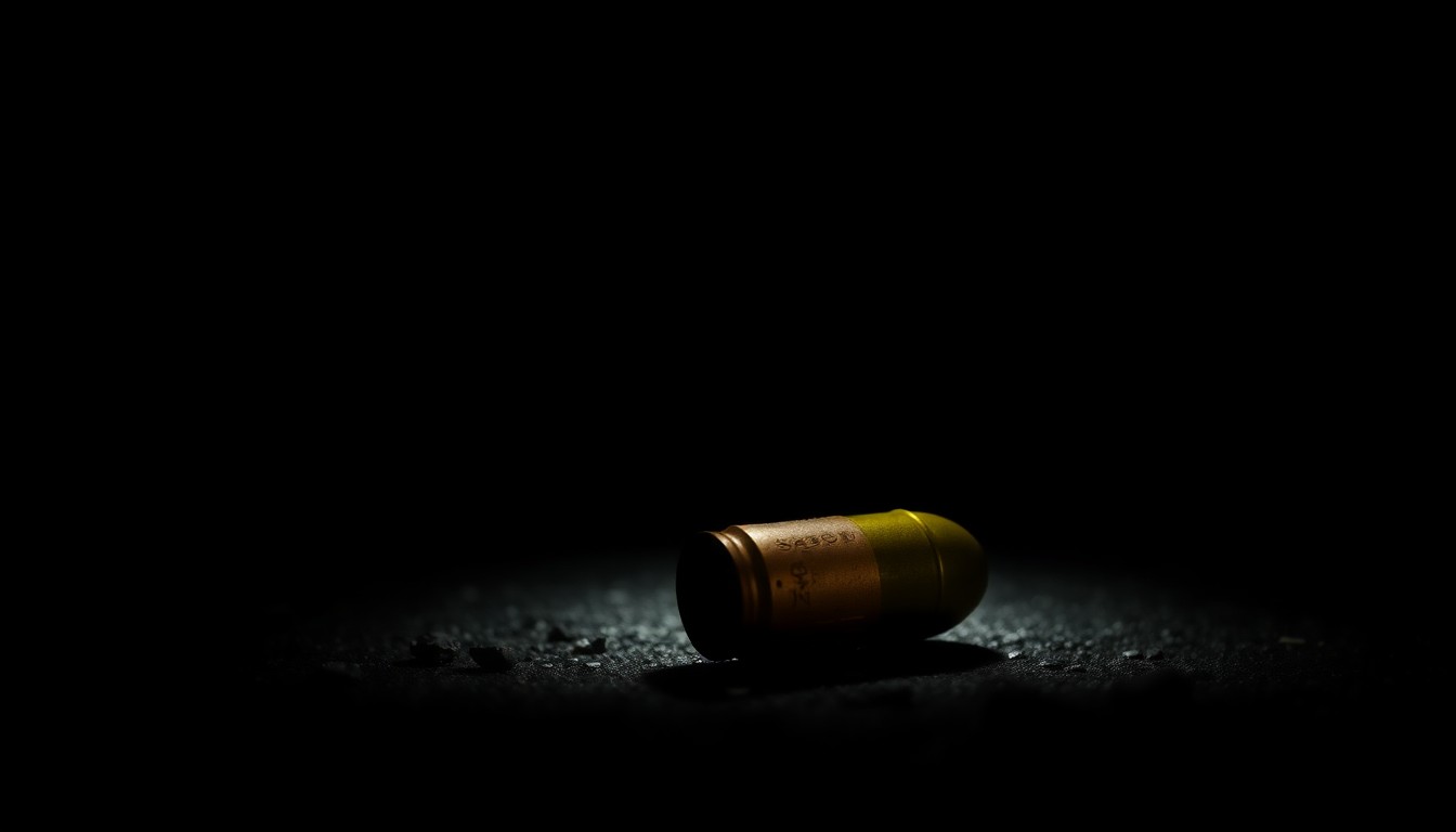 An extreme close-up photograph of a spent shell casing on the ground, lit by a harsh, direct camera flash against a pitch-black background, conceptually illustrating the aftermath of a shooting incident.