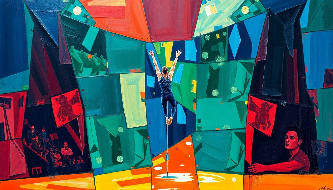A cubist, geometric painting depicting various gymnastic movements and equipment, with overlapping planes of vibrant colors representing the competitive energy and skill of the Big Ten men's gymnastics championships.