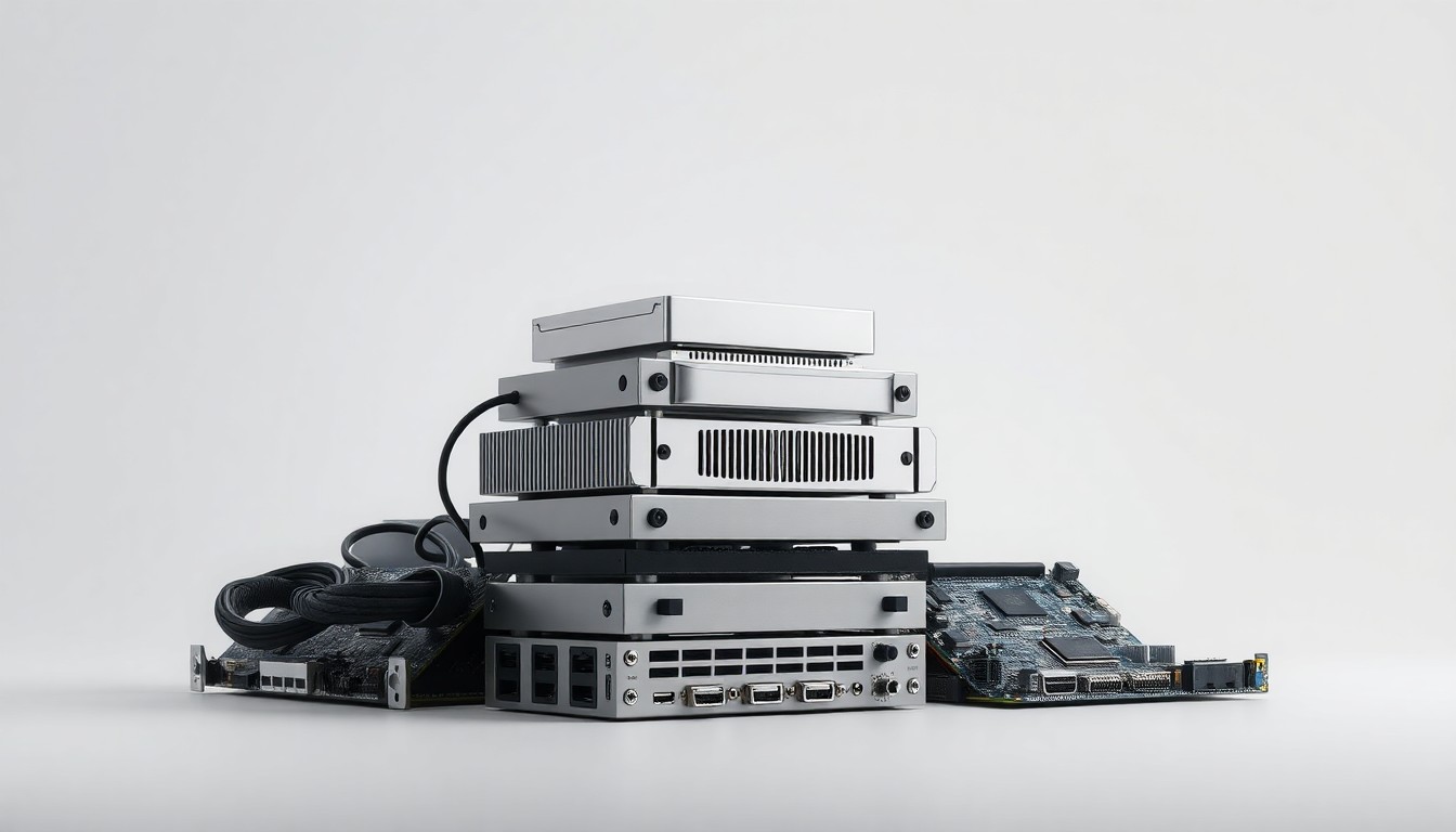 A photorealistic studio still life featuring a stack of polished metal computer components and circuit boards on a clean, monochromatic background, symbolizing the complex technology supply chain that Ingram Micro helps facilitate.
