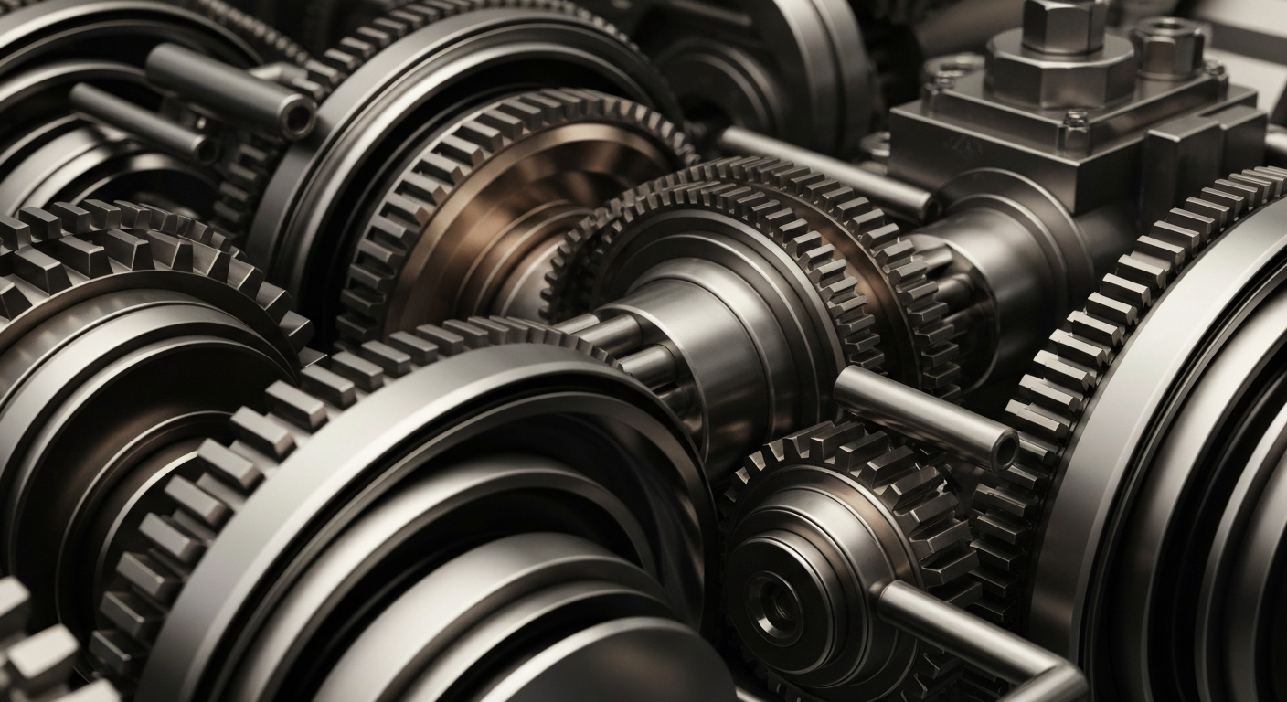 An extreme close-up of intricate, interlocking metal machinery and gears in shades of steel grey, bronze, and black, conveying the industrial power and precision engineering of General Dynamics' defense and aerospace products.