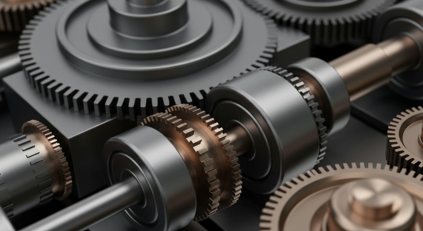 A highly detailed, cinematic macro photograph of the inner workings of a complex banking or financial machine, with gears, levers, and polished metal components filling the frame in shades of grey, bronze, and black.
