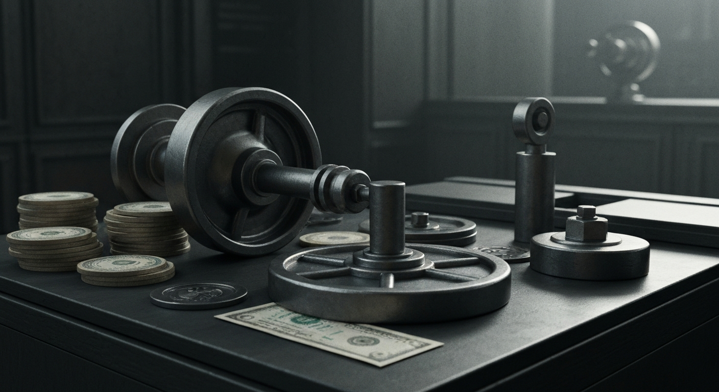 An extreme close-up of complex, industrial-looking financial machinery and equipment, conveying a sense of institutional power and security without depicting any literal currency or financial symbols.