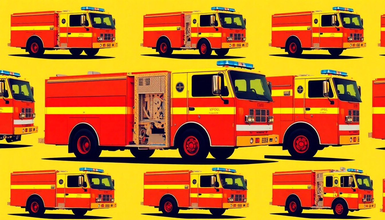 A bold, colorful silkscreen-style illustration featuring a repeating pattern of a bright red fire truck against a vibrant neon background, conceptually representing the expansion of emergency services infrastructure in a growing town.
