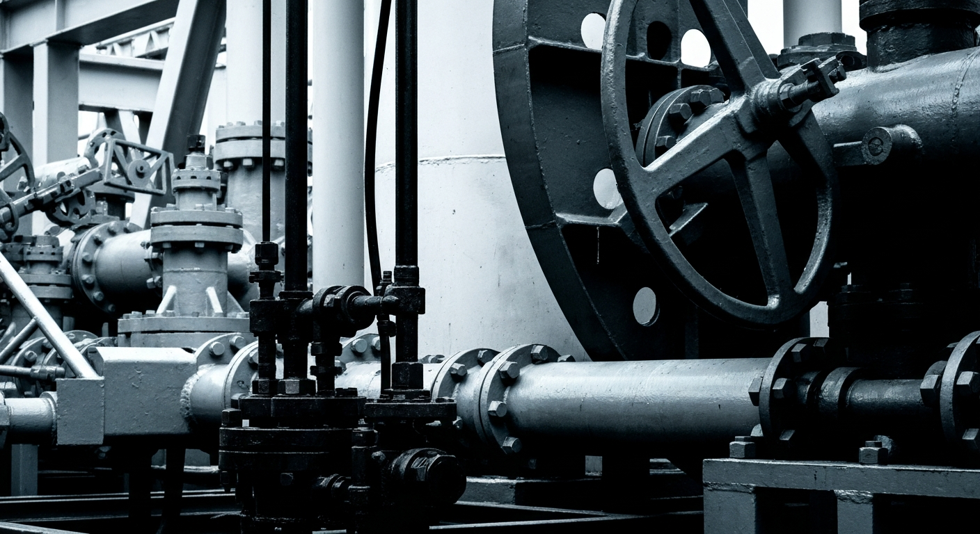 An extreme close-up of heavy, industrial oil and gas machinery in muted tones of gray, black, and steel blue, conceptually representing the tangible, physical nature of energy infrastructure.