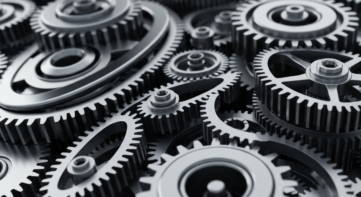 A cinematic close-up of intricate, polished metal gears and machinery in shades of silver, steel, and gunmetal grey, conceptually representing the complex financial infrastructure and institutional investment power behind Regeneron Pharmaceuticals.