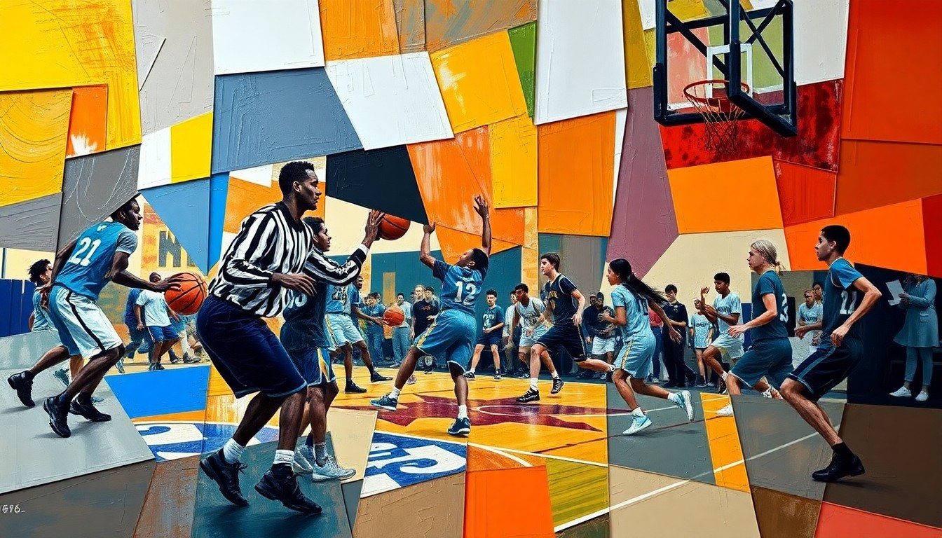 A fragmented, multi-perspective painting in a cubist style, breaking down a high school basketball game into sharp, overlapping geometric shapes and planes, representing the players' movements and the energy of the competition.