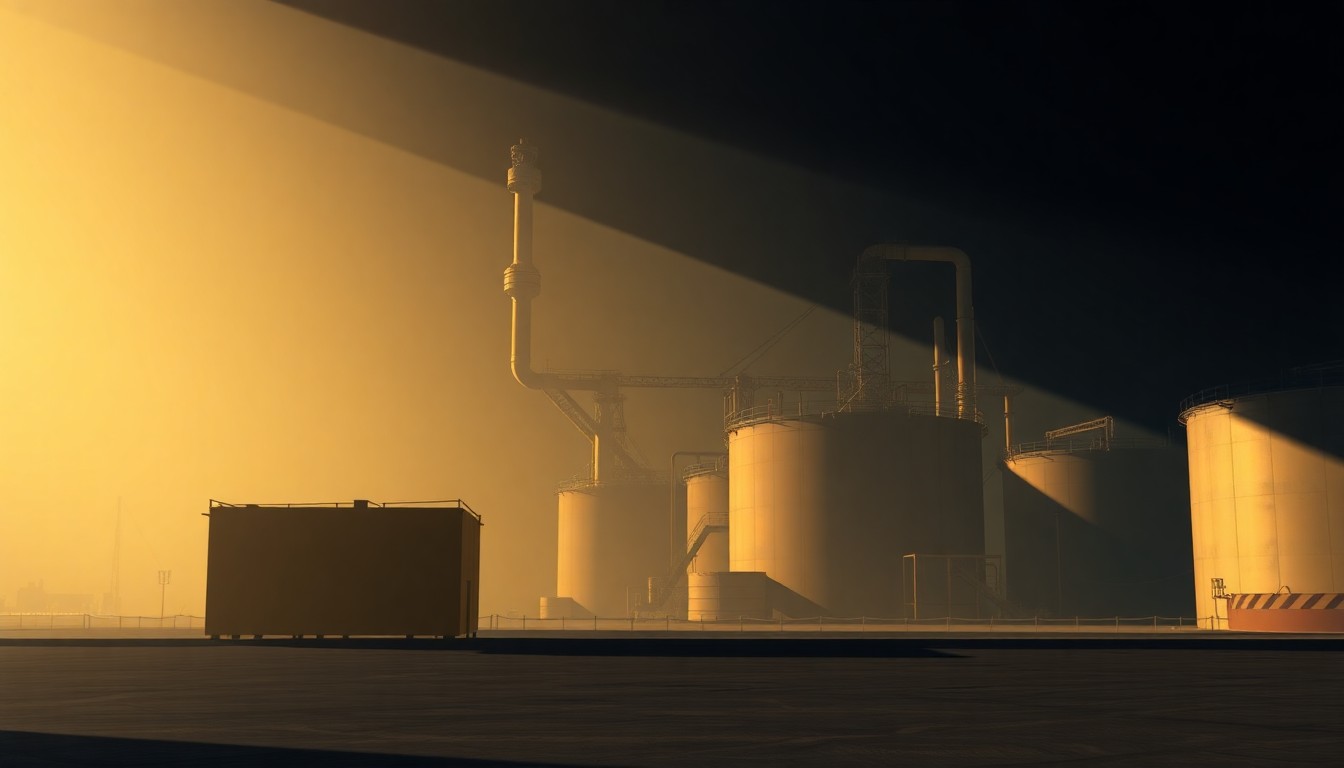 A serene, photorealistic painting of an isolated Venezuelan oil refinery or storage facility, with the structure bathed in warm, golden sunlight and deep shadows, conveying a sense of quiet contemplation and the complex geopolitical dynamics at play.