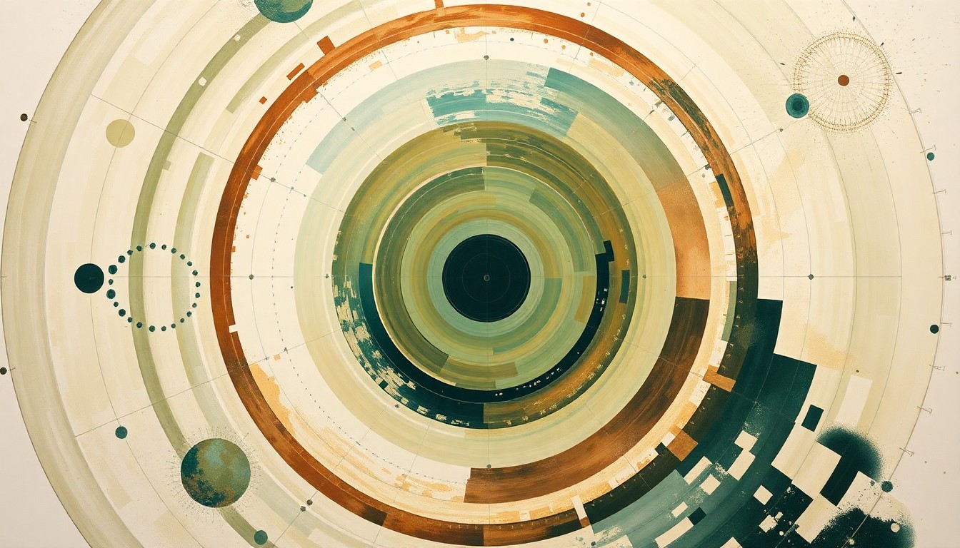 A bold, abstract painting featuring sweeping geometric arcs, concentric circles, and precise botanical spirals in earthy tones of green, brown, and blue, conceptually representing the complex scientific forces and energy of nuclear medicine and molecular imaging technology.