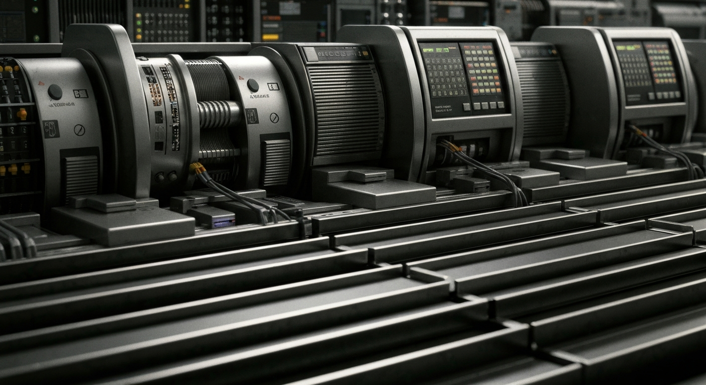 An extreme close-up of complex, interlocking mechanical and electronic components, representing the powerful financial infrastructure that enables Amazon's e-commerce and cloud computing services.