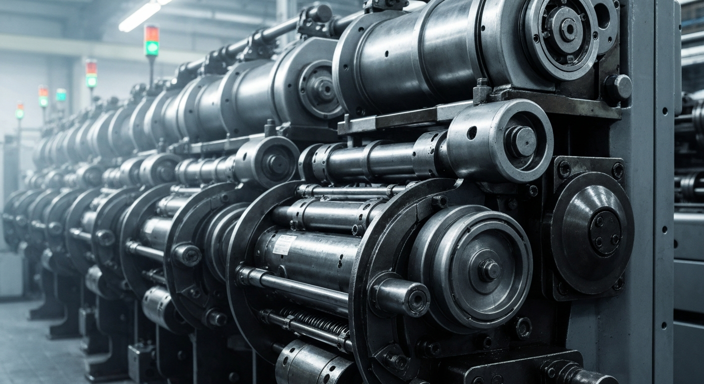 A highly detailed, black-and-white close-up image of the inner workings of heavy industrial banking equipment, representing the complex financial machinery that supports the energy sector.