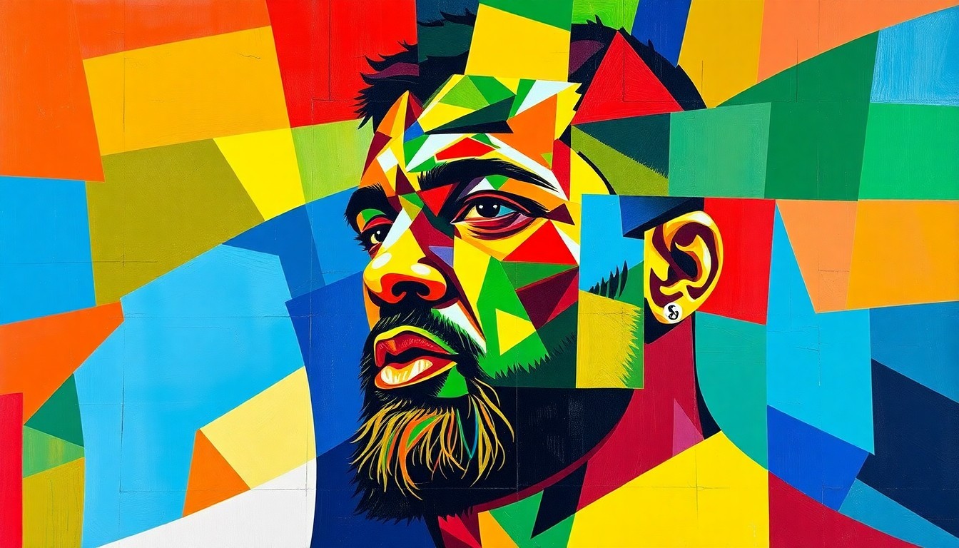 A cubist-style painting featuring fragmented geometric shapes and planes of color, representing the dynamic action and multiple perspectives of a baseball game.